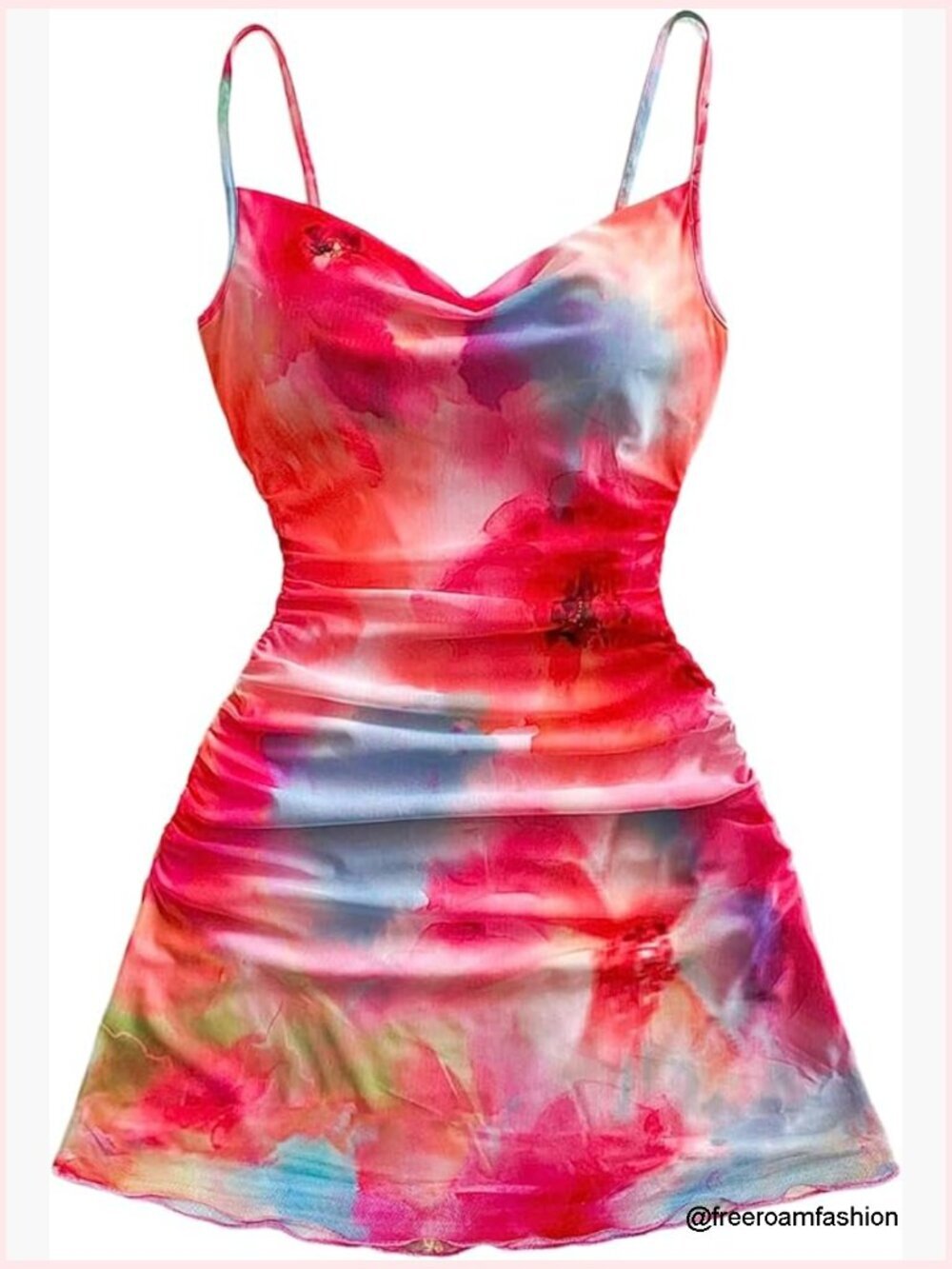Y2K Floral Mini Dress Summer Beach Vacation Mesh Ruched Spaghetti Strap A Line
